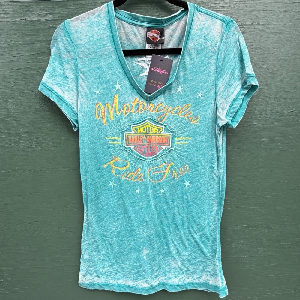 Harley-Davidson Womens Teal Burnout V-Neck Embroidered Graphic T-Shirt Medium